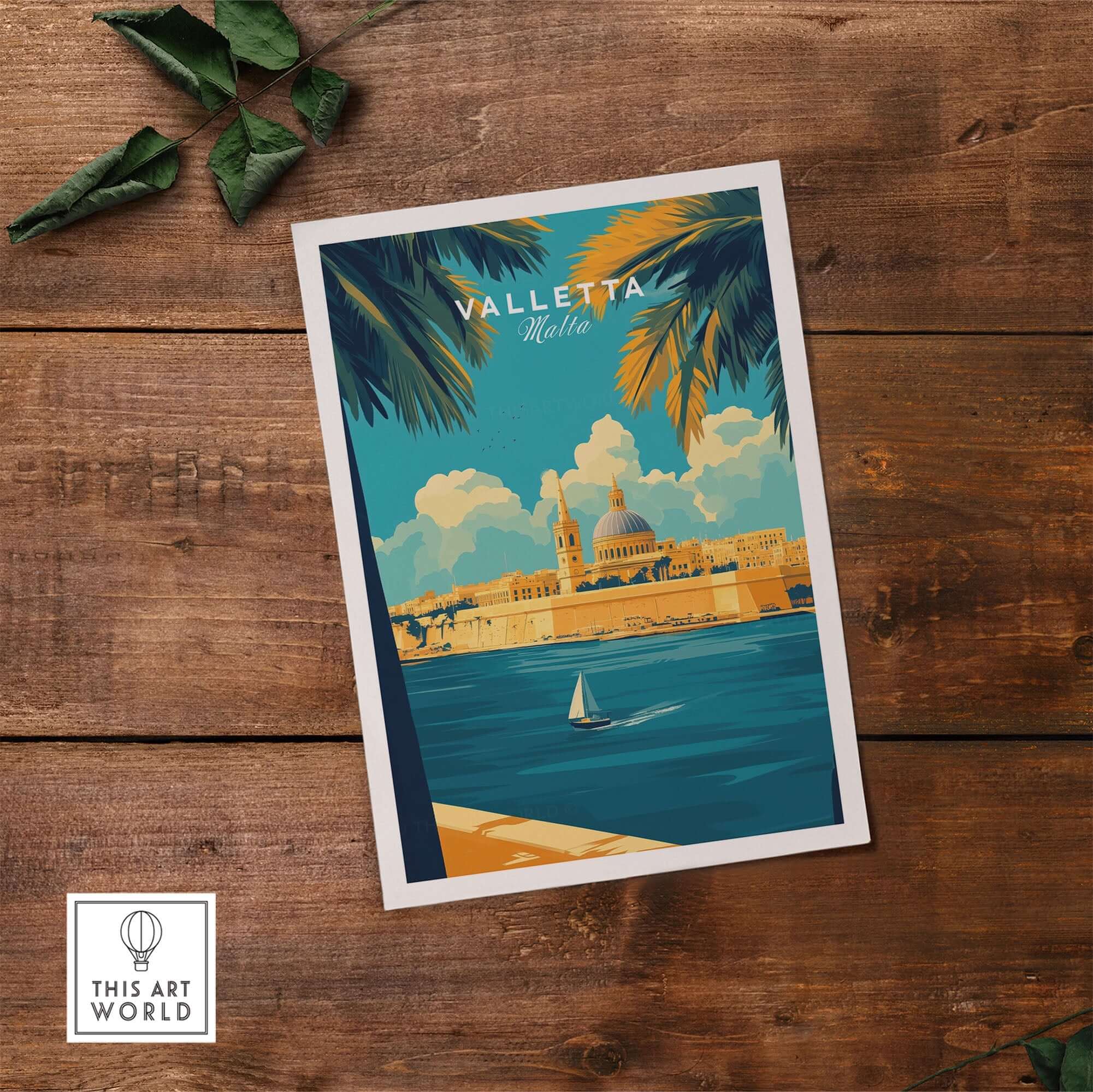 Valletta Art Print showcasing vibrant artwork of Valletta, Malta with palm leaves and a sailboat in the foreground.