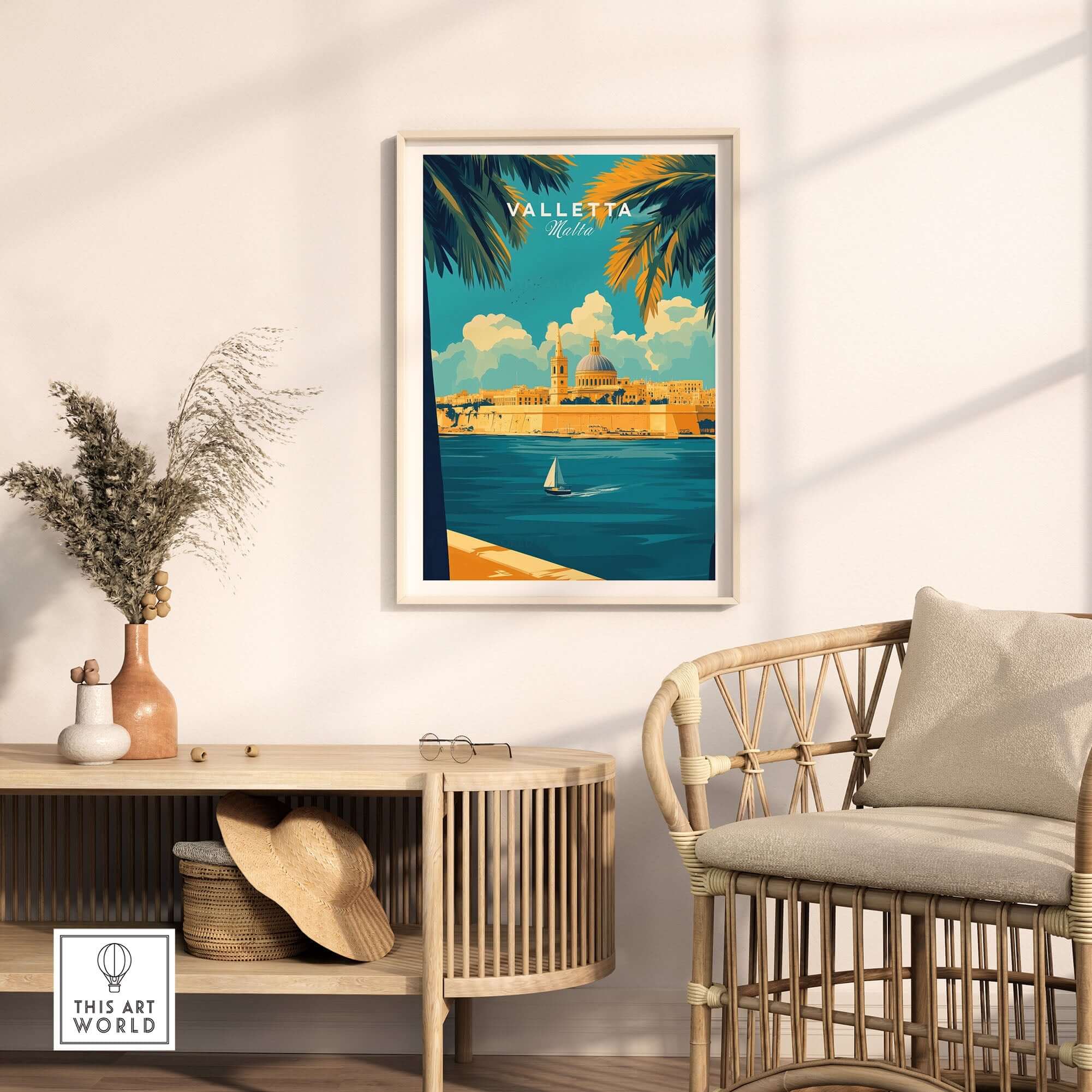 Valletta Art Print showcasing vibrant cityscape of Valletta, Malta in a stylish home decor setting.