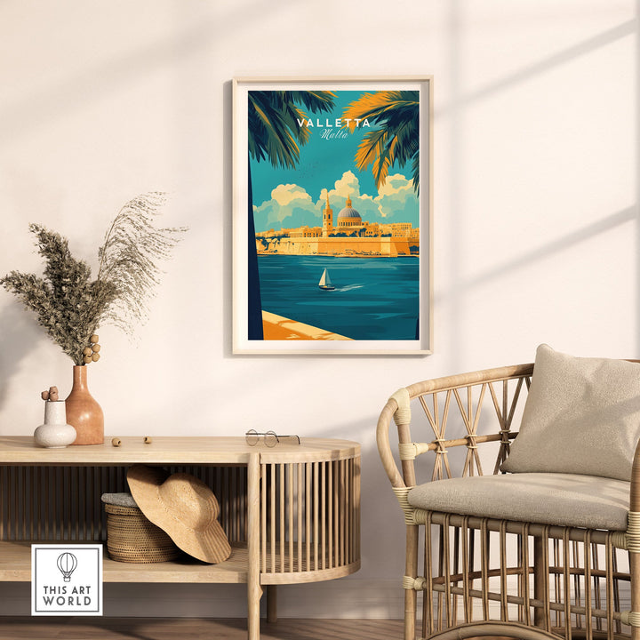 Valletta Art Print featuring stunning Malta cityscape in a modern home setting with natural decor elements