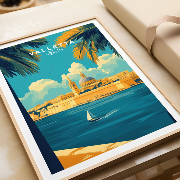 Valletta Art Print showcasing vibrant Malta cityscape with sailboat, perfect for home decor and inspiring Malta travel vibes