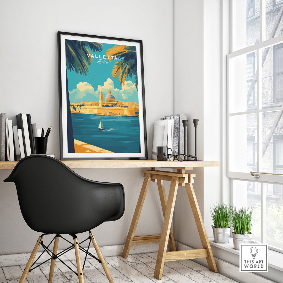 Valletta Art Print featuring Malta's cityscape, perfect for home decor, displayed on a modern desk setting