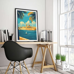 Valletta Art Print displayed in a modern home office with a black chair and large windows.