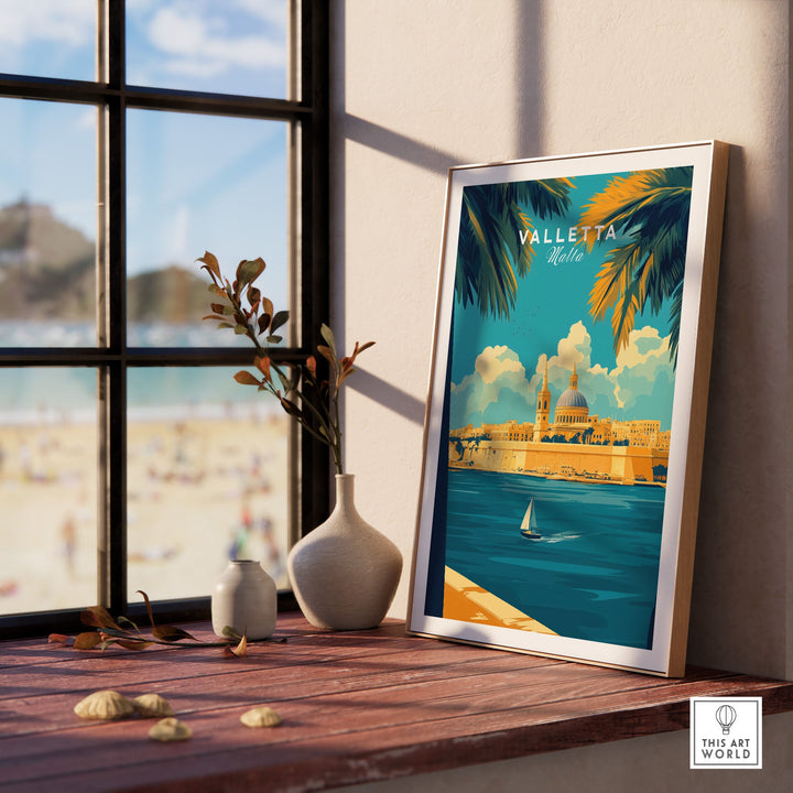 Valletta art print in a sunlit room, showcasing the vibrant scenery of Malta's cityscape with palm leaves and blue sea.