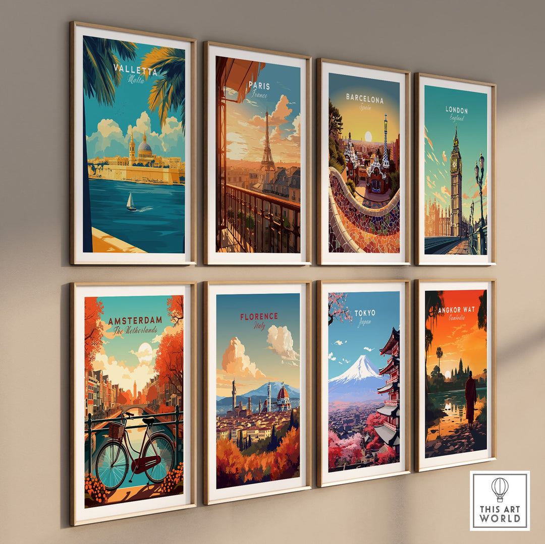 Gallery wall with colorful travel art prints, including Valletta, Paris, Barcelona, London, Amsterdam, Florence, Tokyo, and Angkor Wat.