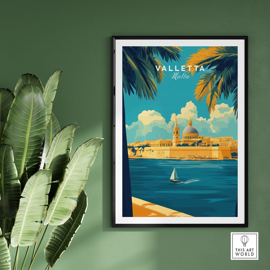 Vibrant Valletta art print on green wall, showcasing Malta's beauty with palm leaves and ocean scene, perfect for home decor.