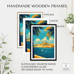 Valletta Art Print displayed in handmade wooden frames in natural, white, and black finishes.