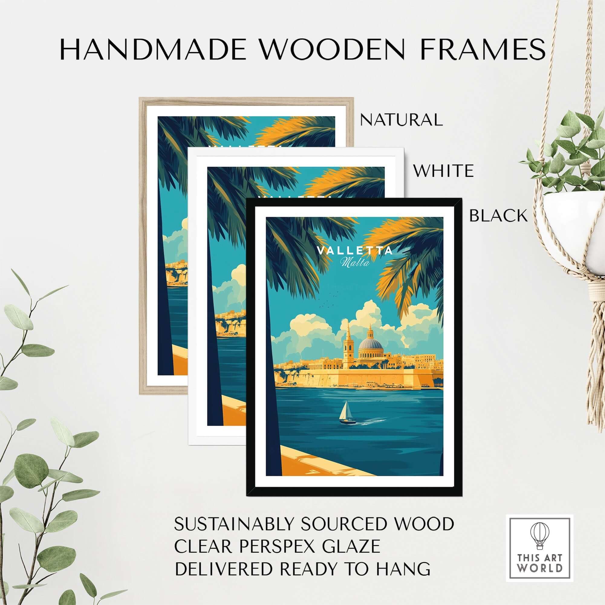 Valletta Art Print displayed in handmade wooden frames in natural, white, and black finishes.