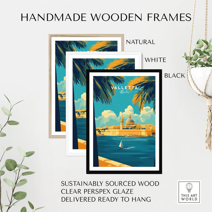 Valletta Art Print in handmade wooden frames, available in natural, white, and black, ready to hang with sustainable materials.