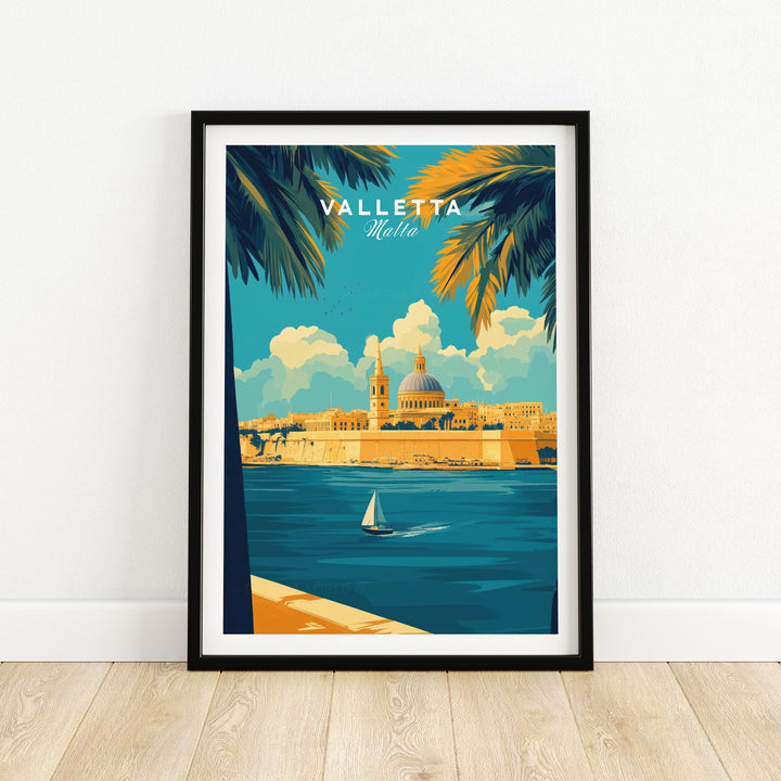 Valletta Art Print showcasing Malta's vibrant cityscape with palm trees and a sailboat, perfect for home decor and travel inspiration.