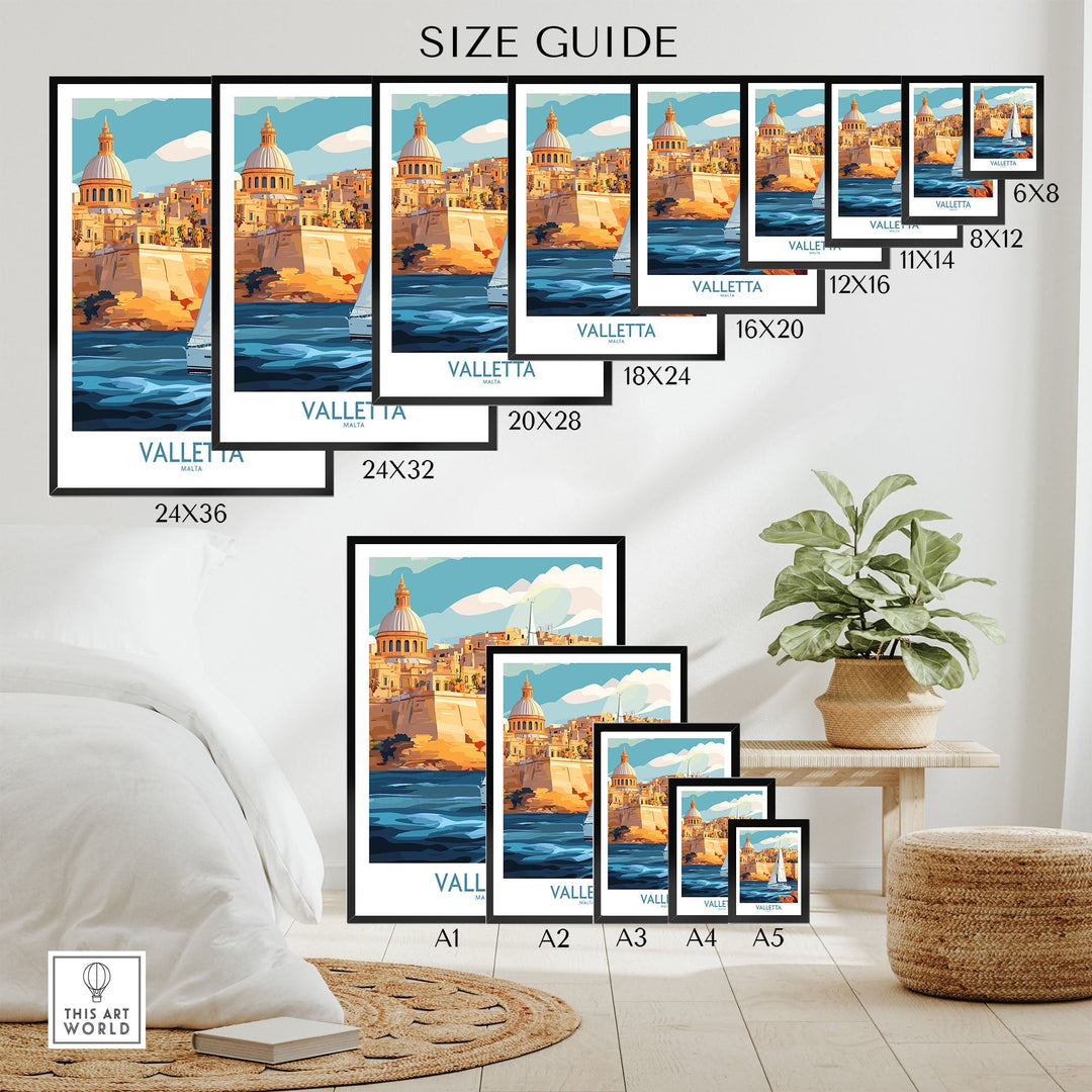 Valletta Malta Poster Size Guide with Various Wall Art Print Dimensions Displayed in a Room