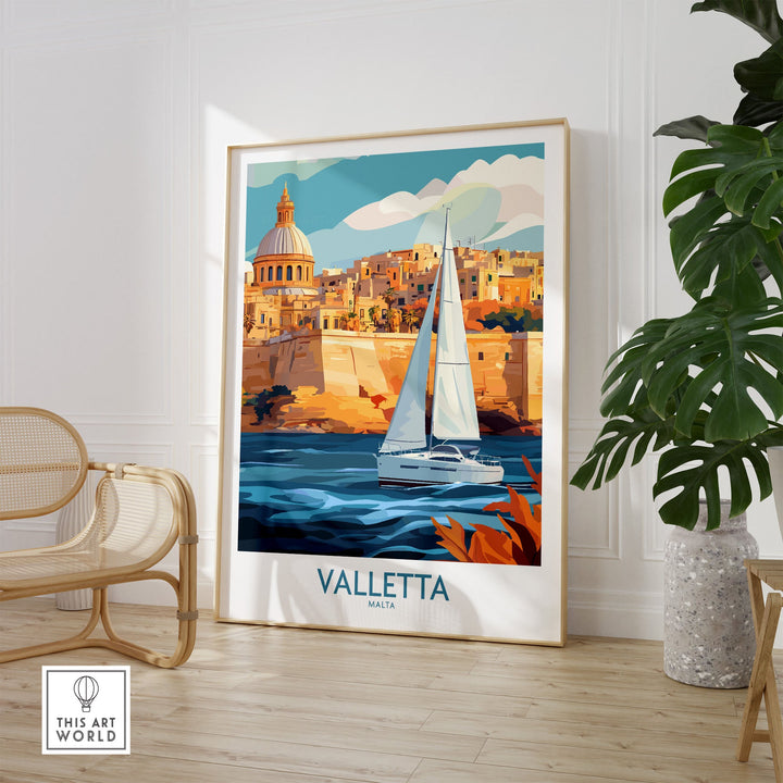 Valletta Malta poster with a sailboat, showcasing colorful architecture and Mediterranean beauty, perfect for travel enthusiasts.