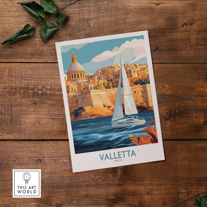 Valletta Malta Poster with vibrant cityscape and sailboat, perfect for travel enthusiasts seeking Mediterranean inspiration.