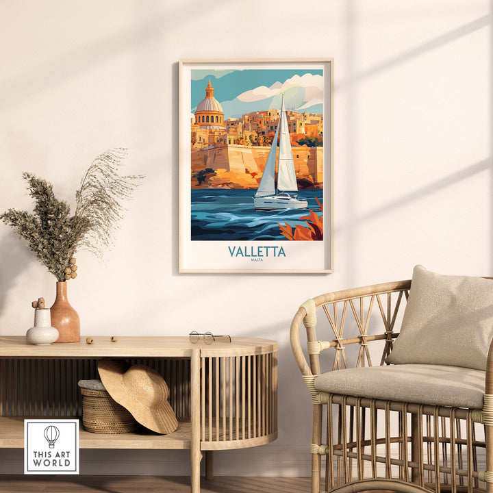 Valletta Malta poster with scenic view of historic city and sailboat, stylishly displayed in modern home interior setting.