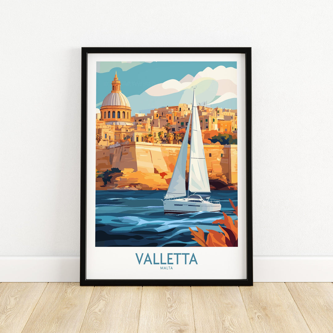 Valletta Malta poster featuring sailboat and historic cityscape, perfect wall art for travel enthusiasts.