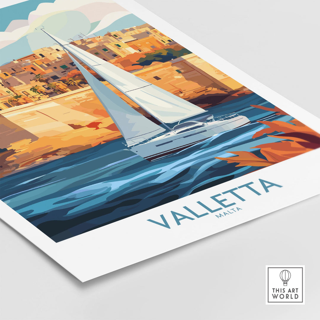 Valletta Malta poster featuring a sailboat and vibrant cityscape, perfect for travel enthusiasts and home decor.