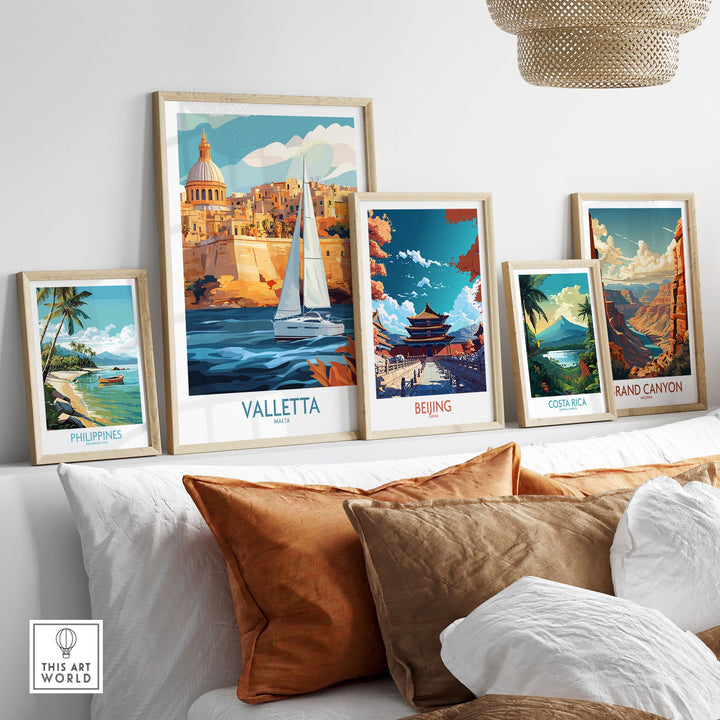 Valletta Malta poster with vibrant cityscape among global travel-themed wall art prints in a cozy living room setting.