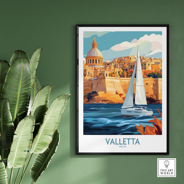 Valletta Malta poster featuring a sailboat and historic cityscape, vibrant Mediterranean wall art for home or office decor.