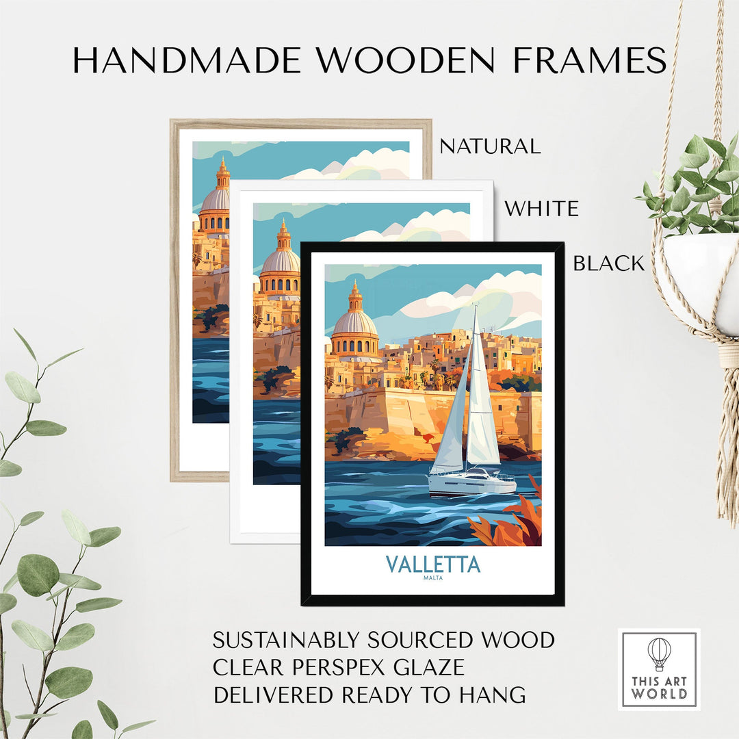 Valletta Malta poster with handmade wooden frames in natural, white, and black. Sustainably sourced wood, ready to hang.