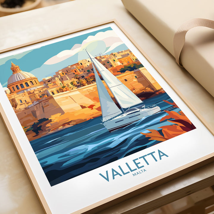 Valletta Malta poster featuring a sailboat and historic cityscape, ideal wall art for travel lovers and Mediterranean enthusiasts.