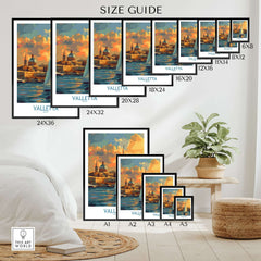 Size guide for Valletta Malta Travel Poster showing various frame sizes and vibrant design.