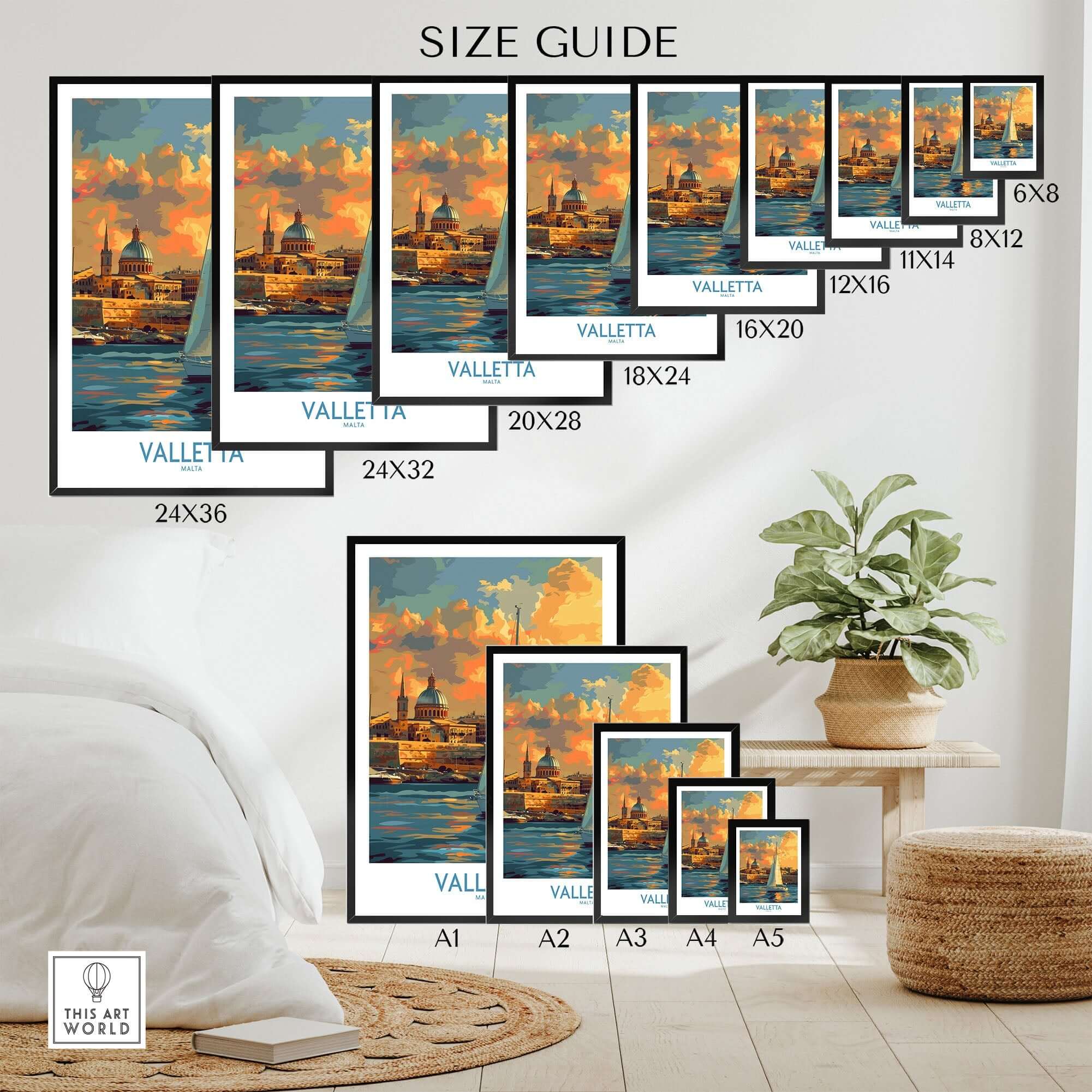 Size guide for Valletta Malta Travel Poster showing various frame sizes and vibrant design.