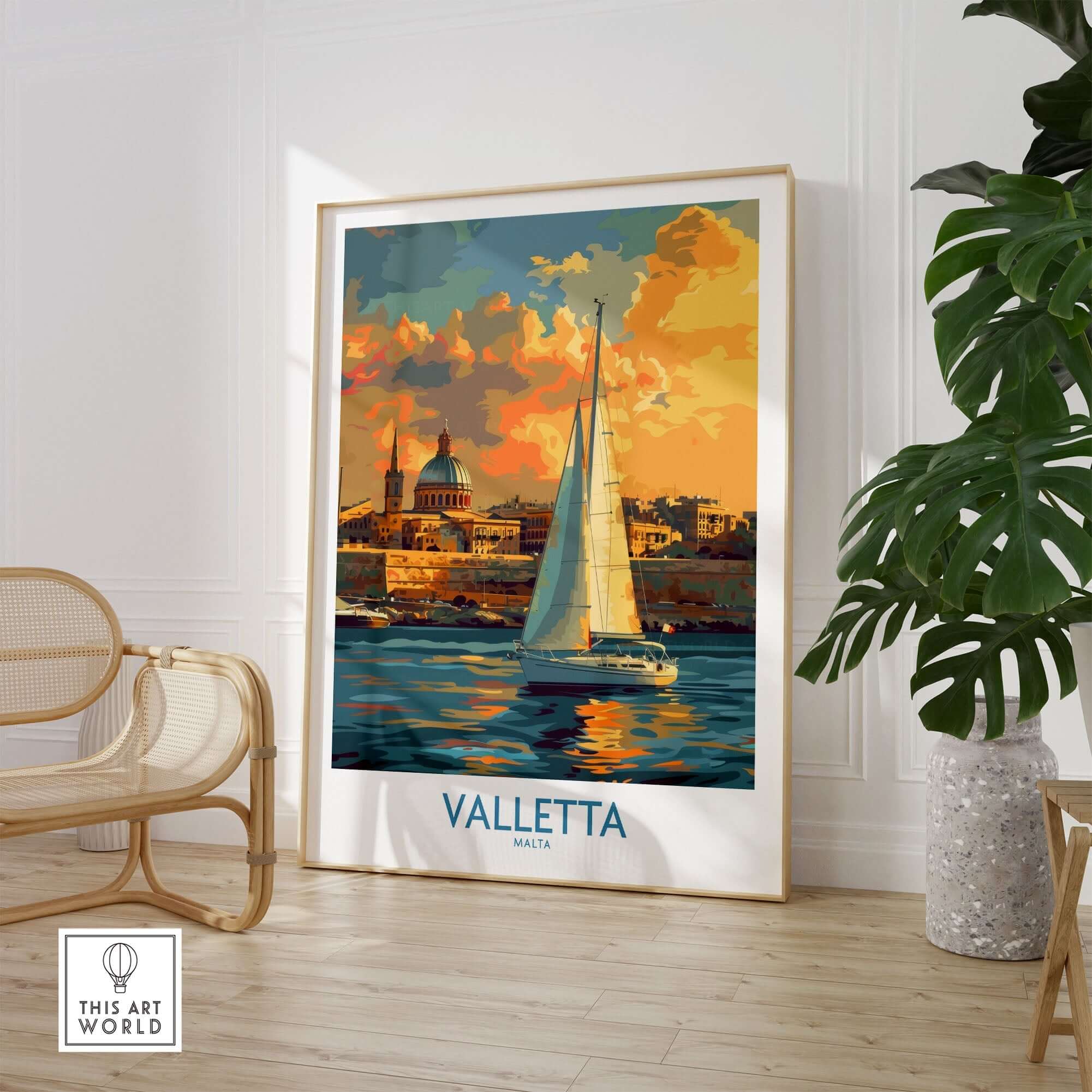 Valletta Malta Travel Poster featuring a sailing boat against a colorful sunset and historical architecture.