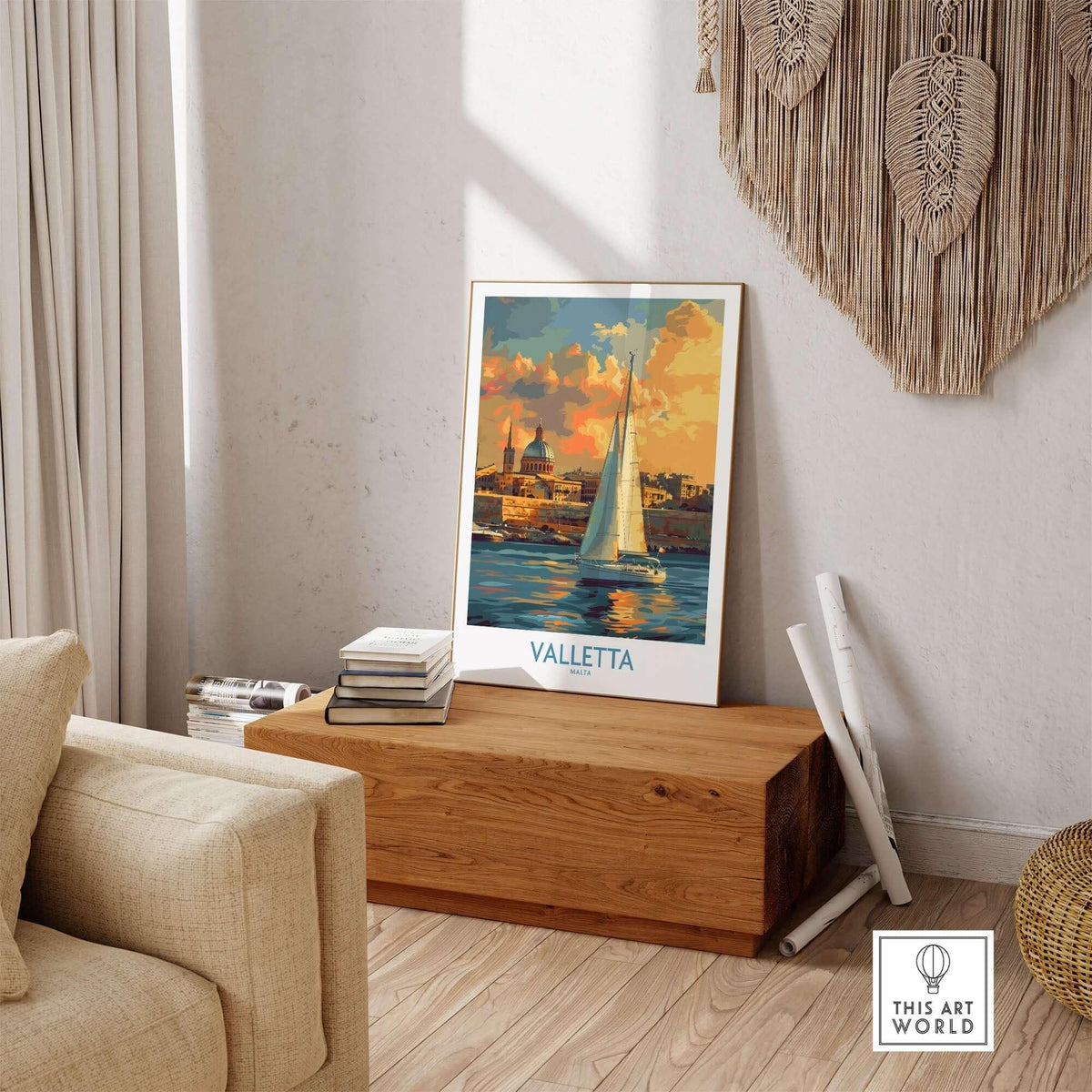 Valletta Malta Travel Poster featuring vibrant colors and stunning views of Valletta in a home setting.