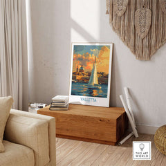 Valletta Malta Travel Poster featuring vibrant colors and stunning views of Valletta in a home setting.