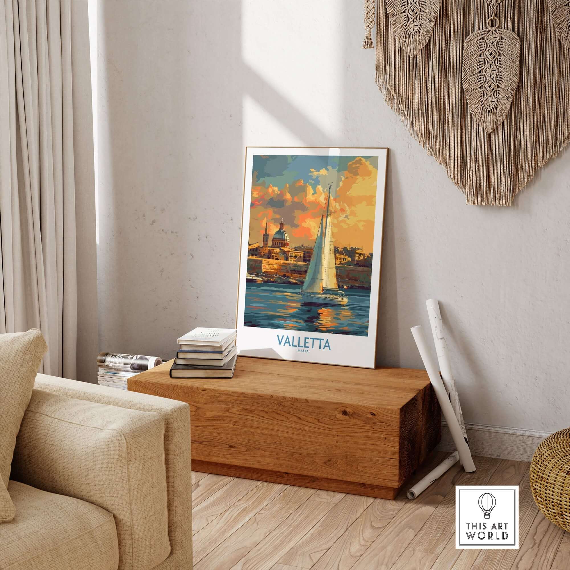 Valletta Malta Travel Poster featuring vibrant colors and stunning views of Valletta in a home setting.