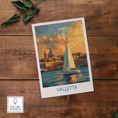 Valletta Malta Travel Poster showcasing a sailboat against a vibrant sunset over the historic city.