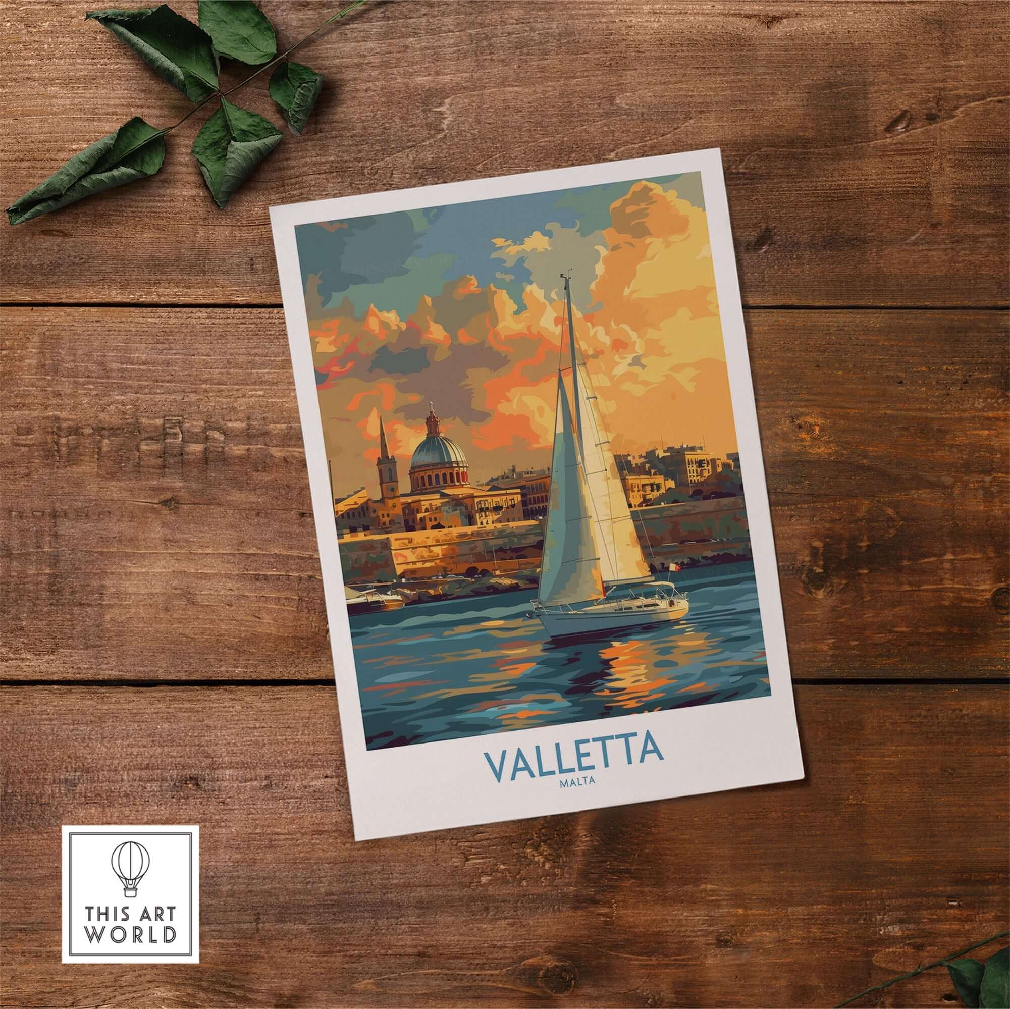 Valletta Malta Travel Poster showcasing a sailboat against a vibrant sunset over the historic city.