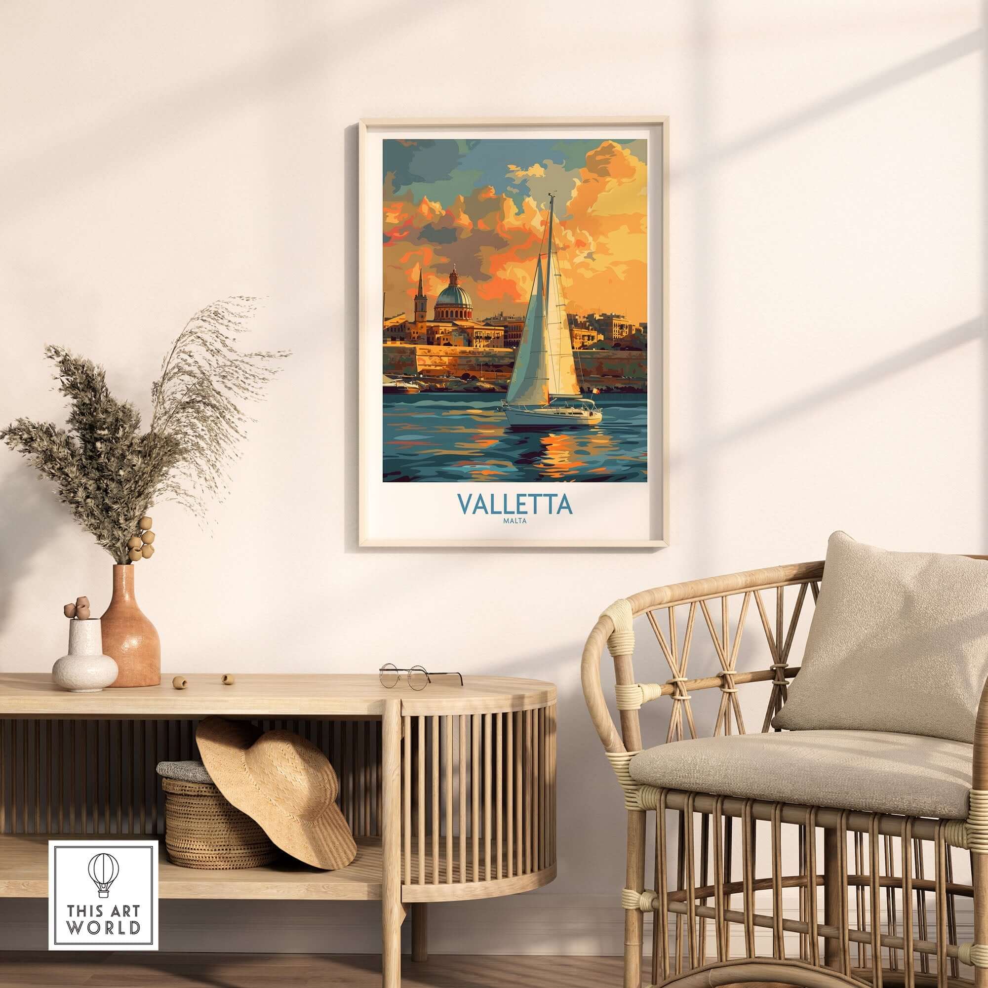 Valletta Malta Travel Poster showcasing a sailboat on a vibrant sea, with stunning sunset colors and architectural details.