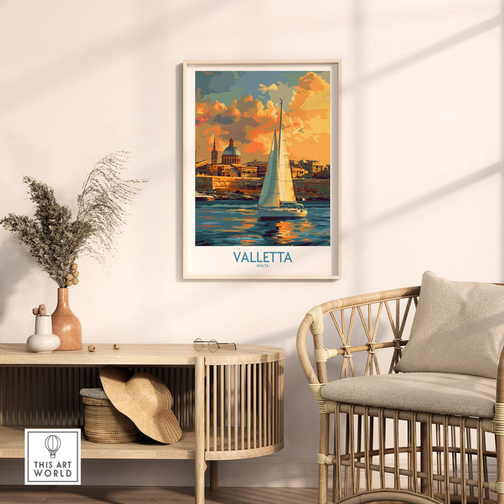 Valletta Malta travel poster in stylish room, featuring vibrant colors and a sailboat, perfect for home or office decor.