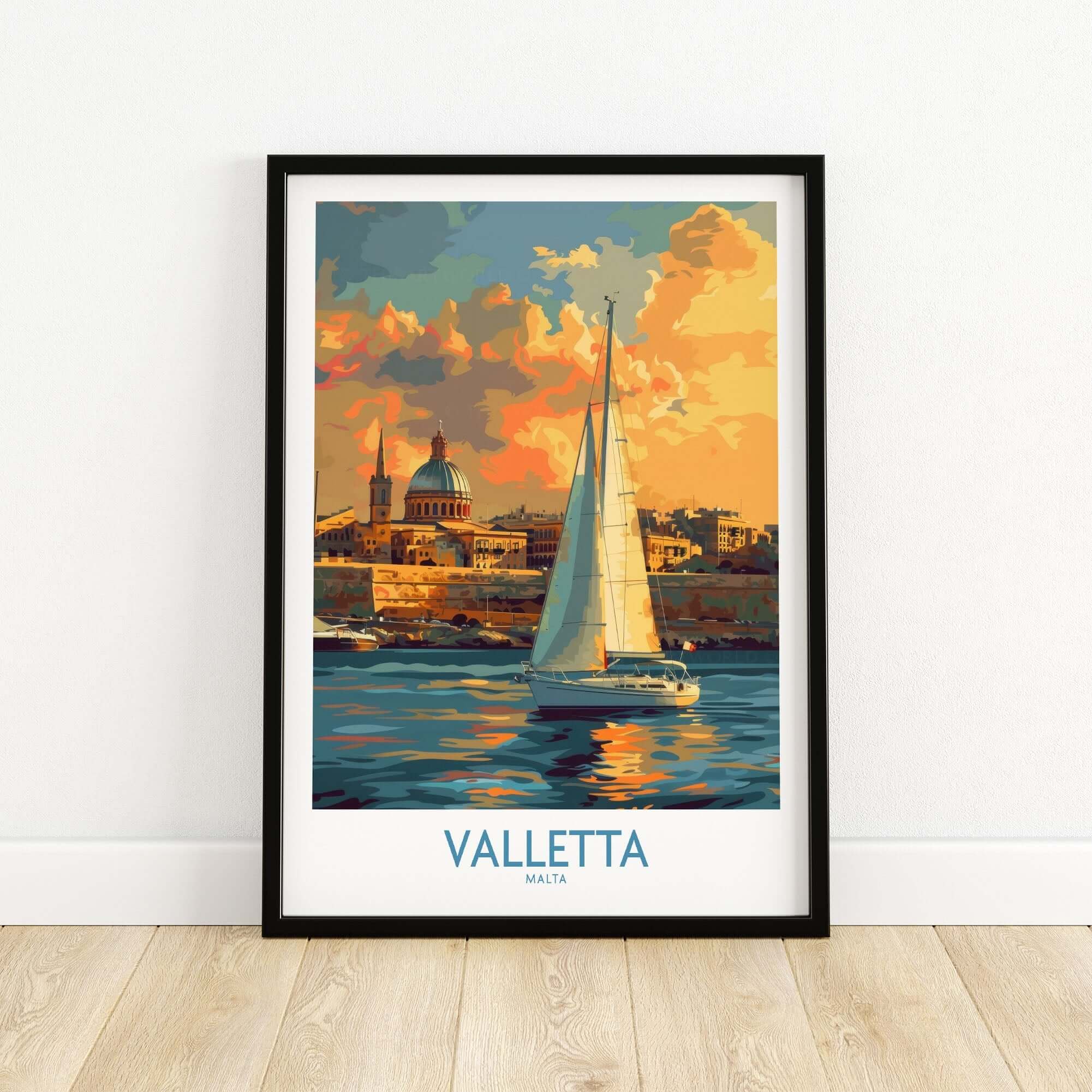 Valletta Malta Travel Poster featuring a sailboat and vibrant sunset over the city.