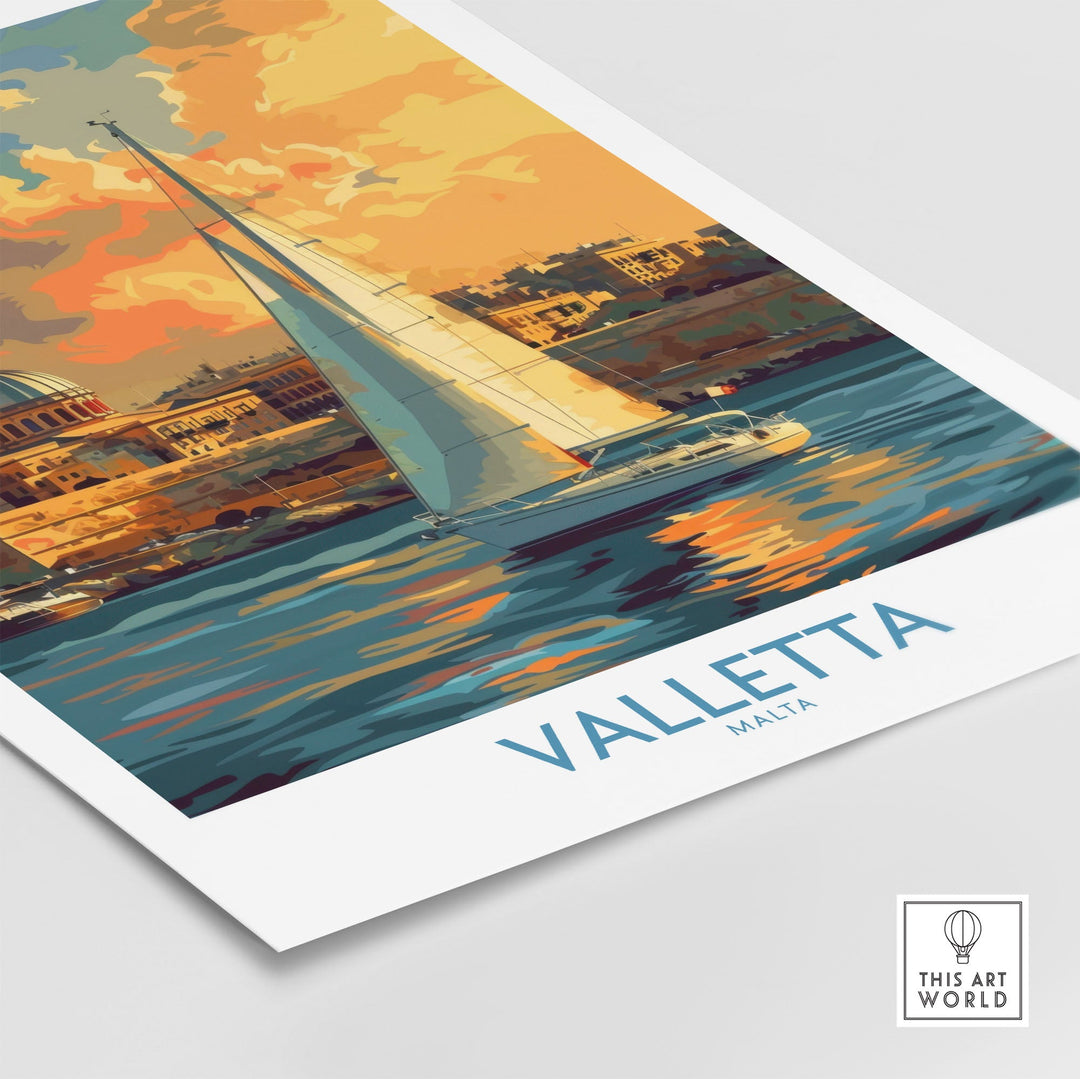 Valletta Malta travel poster featuring vibrant sunset and sailboat on the water, capturing the city's stunning beauty and rich history.