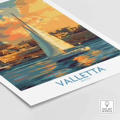 Valletta Malta Travel Poster featuring a sailboat and vibrant colors showcasing the beauty of Valletta.