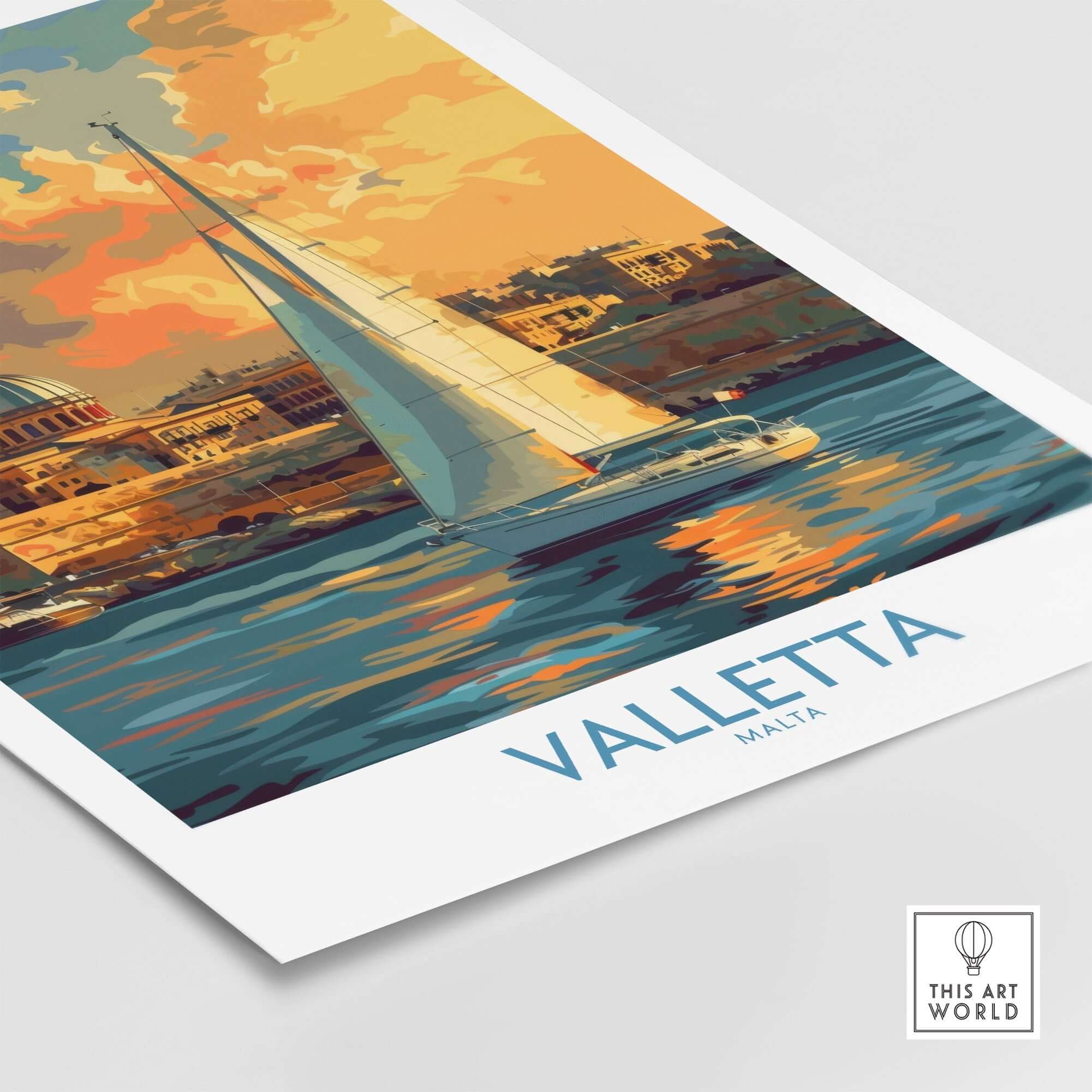 Valletta Malta Travel Poster featuring a sailboat and vibrant colors showcasing the beauty of Valletta.