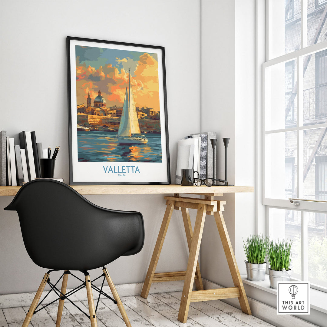 Valletta Malta travel poster on modern desk, showcasing vibrant colors and stunning cityscape in home office setting.