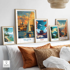 Valletta Malta Travel Poster among other travel posters in a stylish home decor setting.