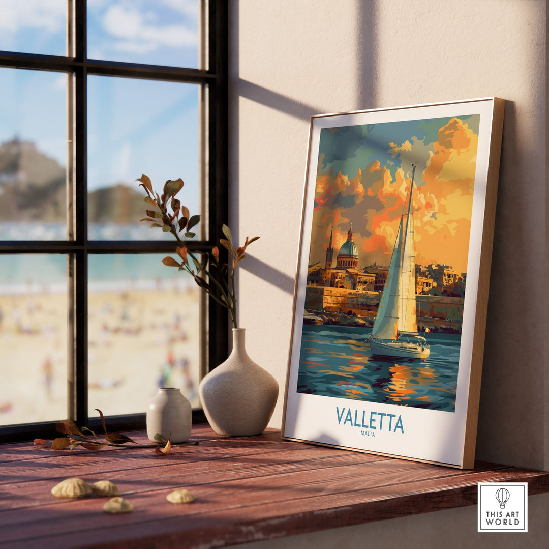 Valletta Malta travel poster with vibrant colors on a beachside windowsill, showcasing a sailboat and historical skyline.