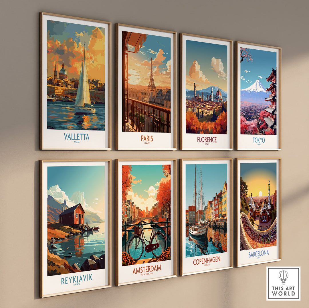 diverse travel posters featuring Valletta, Paris, Florence, Tokyo, Reykjavik, Amsterdam, Copenhagen, and Barcelona in vibrant colors