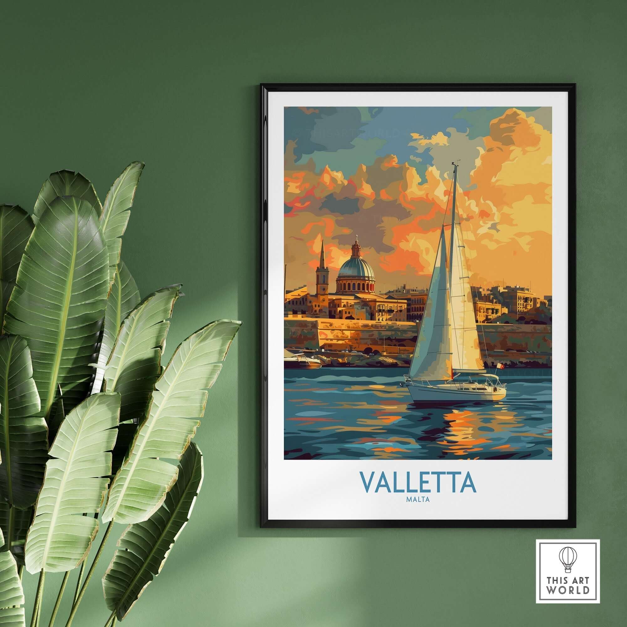 Valletta Malta Travel Poster showcasing a sailboat against a vibrant sunset in Valletta, Malta.