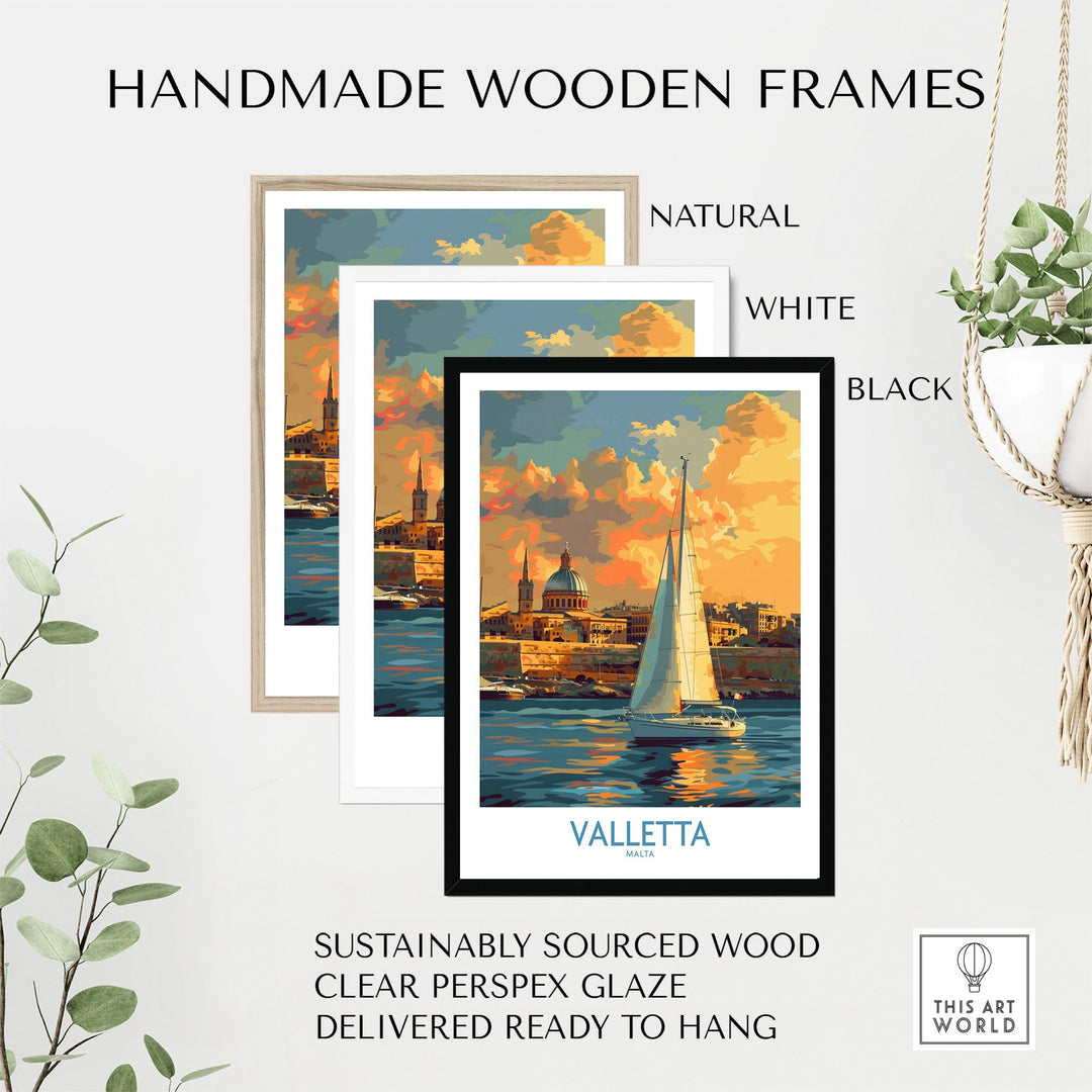 Valletta Malta travel poster with sailboat in handmade wooden frames, featuring vibrant colors and available in natural, white, and black.