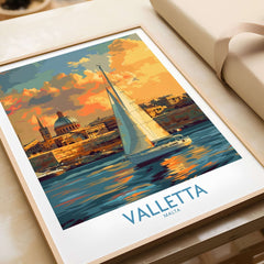 Valletta Malta Travel Poster showcasing a sailboat against a vibrant sunset over the city skyline.