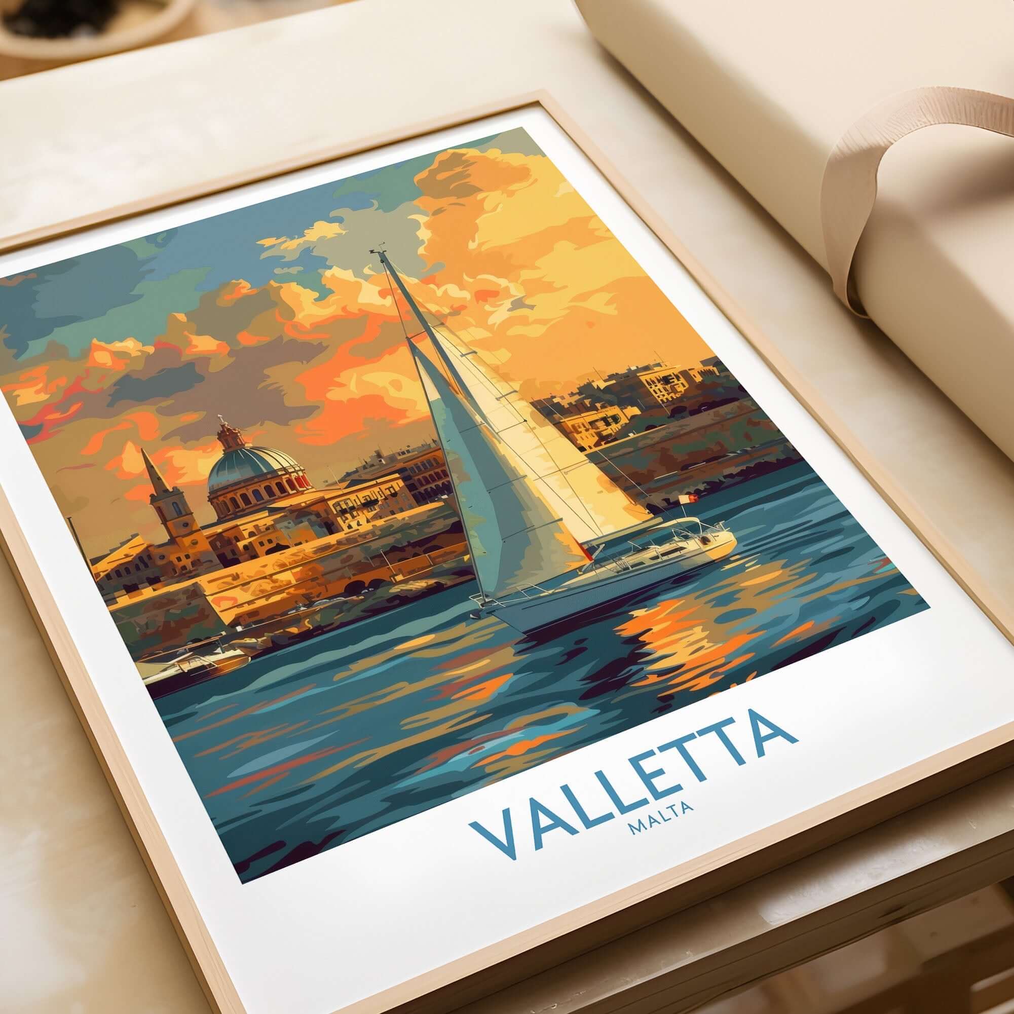 Valletta Malta Travel Poster showcasing a sailboat against a vibrant sunset over the city skyline.