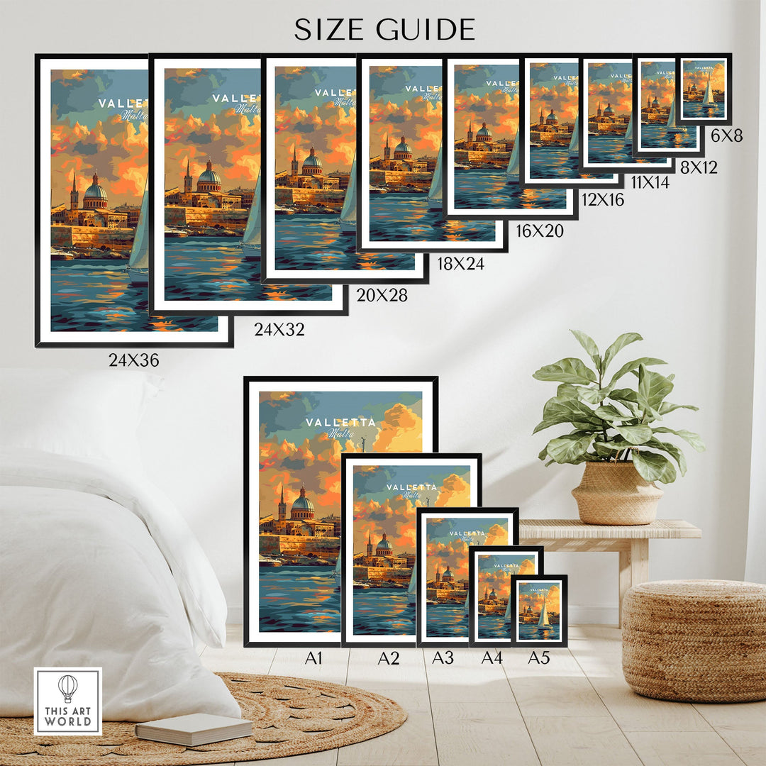 Valletta Malta wall art print size guide, showcasing various print dimensions for home decor inspiration