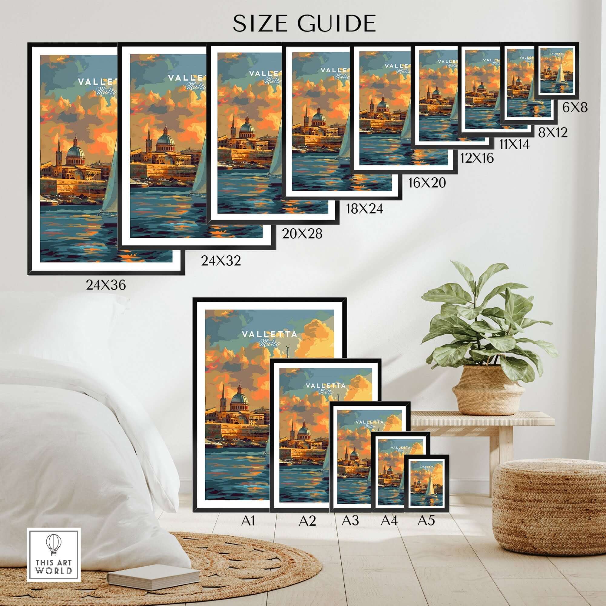 Valletta Malta Wall Art Print size guide showcasing various frame options and dimensions.