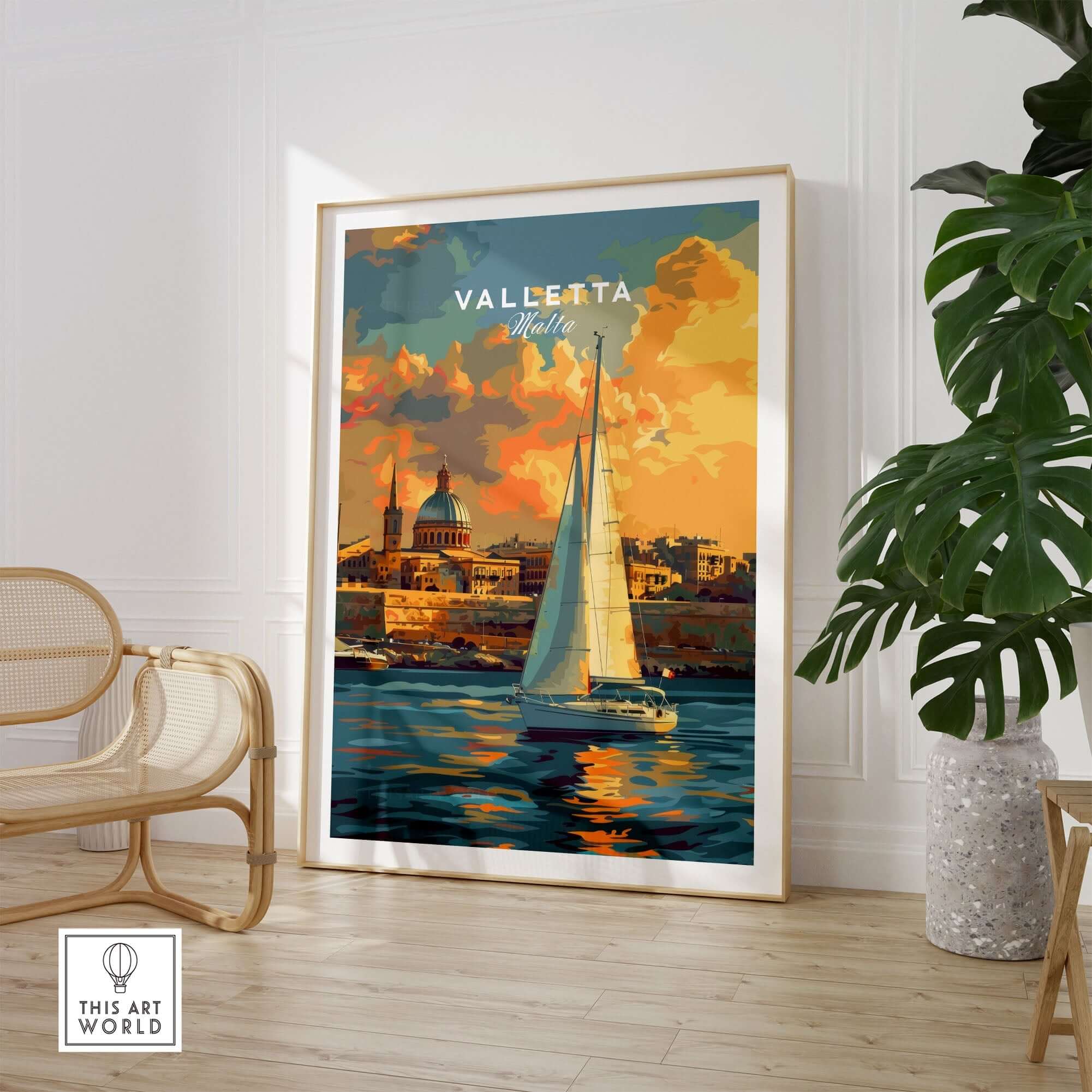 Valletta Malta Wall Art Print showcasing sailboat and city skyline in vibrant sunset colors.