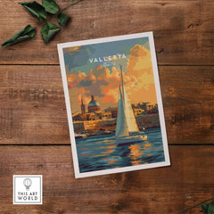 Valletta Malta Wall Art Print featuring a sailboat on the water with colorful sunset and charming architecture.