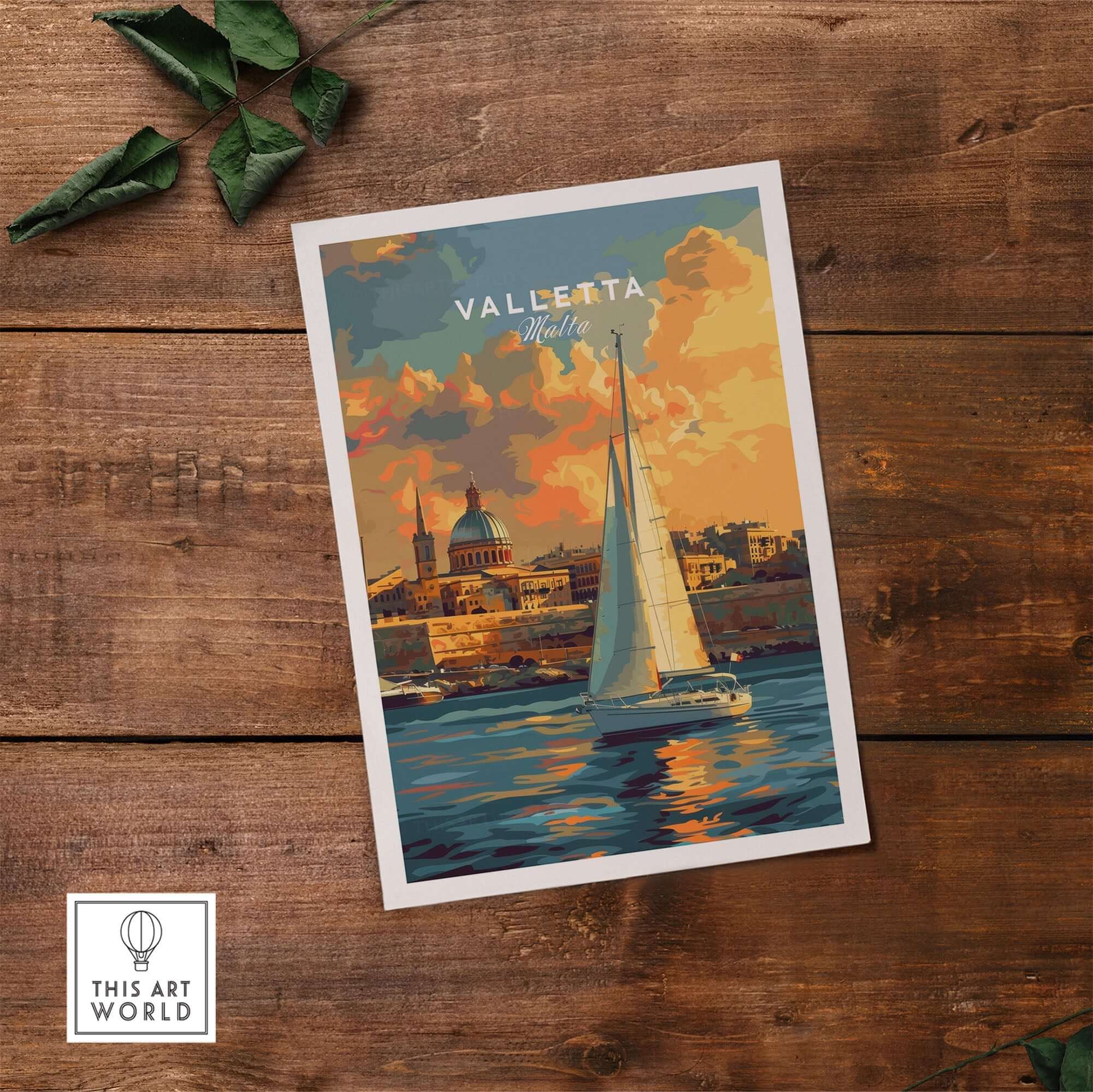 Valletta Malta Wall Art Print featuring a sailboat on the water with colorful sunset and charming architecture.